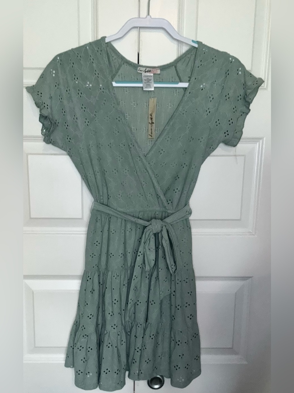 Light Sage Eyelet Wrap Dress with Waist Tie
